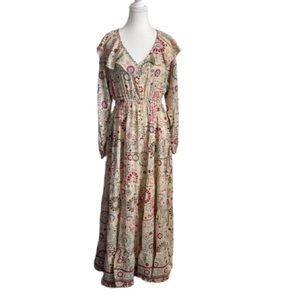 Anthropologie Beige and Red Patterned Long Sleeve Dress